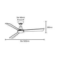 Line drawing of a ceiling fan with dimensions labeled