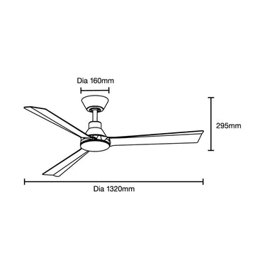 Line drawing of a ceiling fan with dimensions labeled