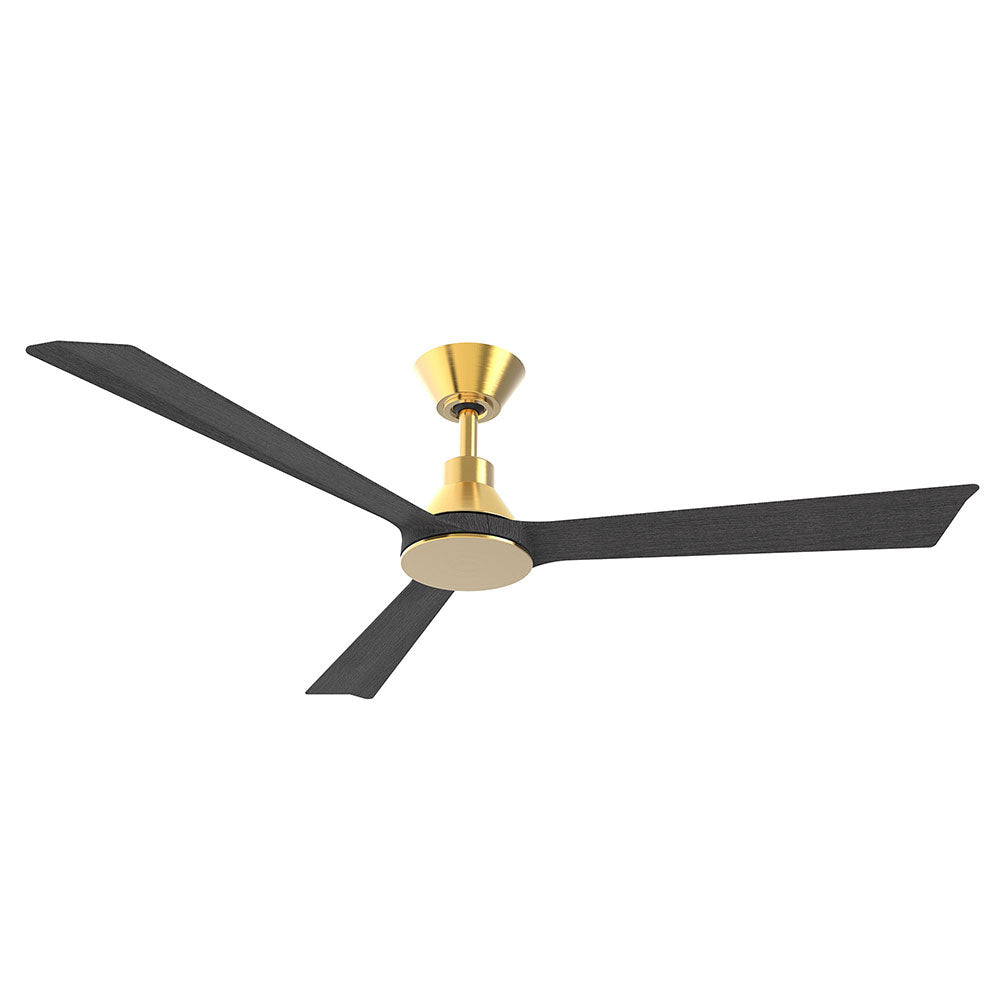 Ceiling fan with black blades and gold finish on a white background