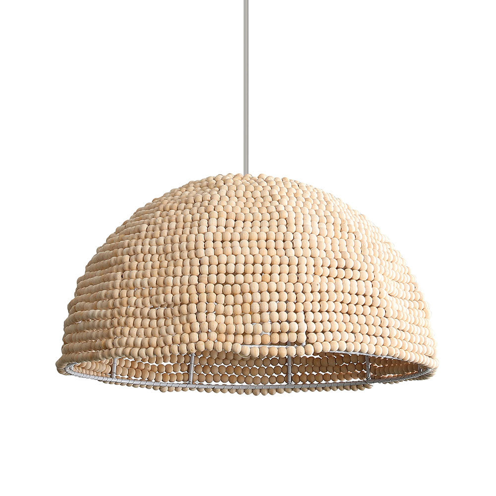 Beige pendant lamp with a bead-like texture on a white background
