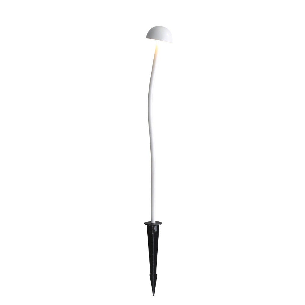 Solar-powered outdoor lamp with white body and black spike on a white background