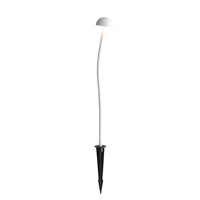 Solar-powered outdoor lamp with white body and black spike on a white background