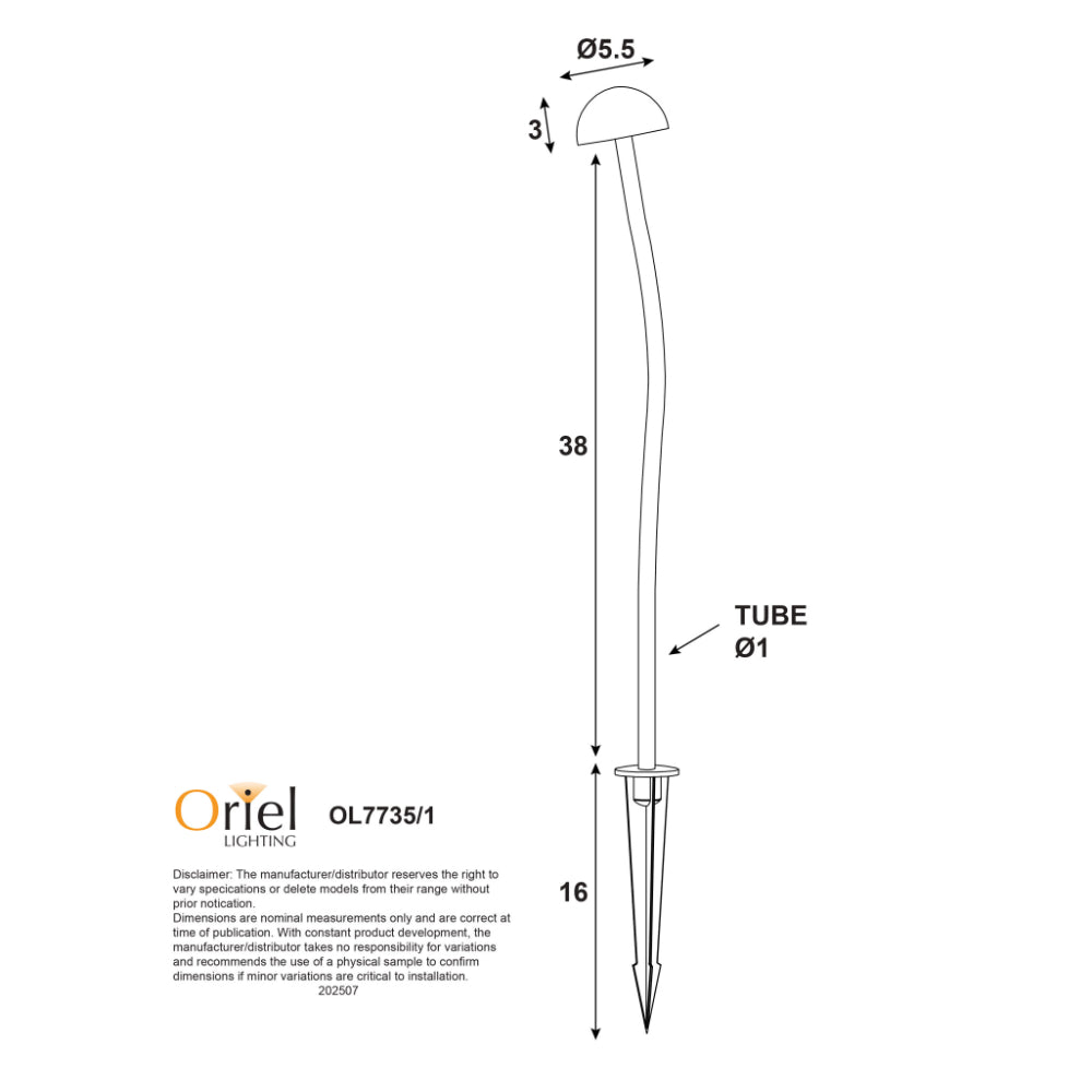 Technical drawing of a lighting fixture with dimensions and Oriel Lighting logo.