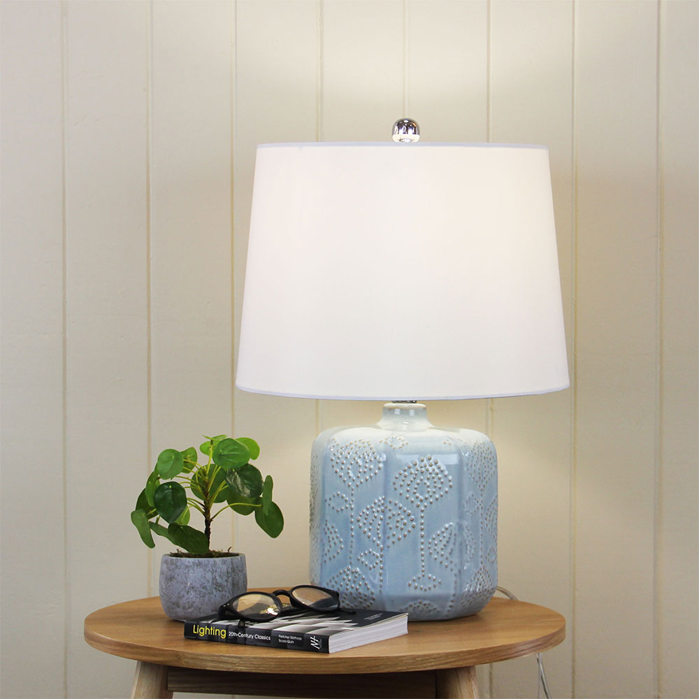 Bikki Embossed Ceramic Table Lamp with White Shantung Shade