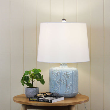 Bikki Embossed Ceramic Table Lamp with White Shantung Shade