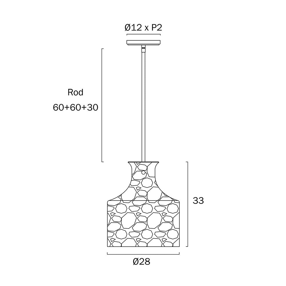 Technical drawing of a pendant light with dimensions on a white background