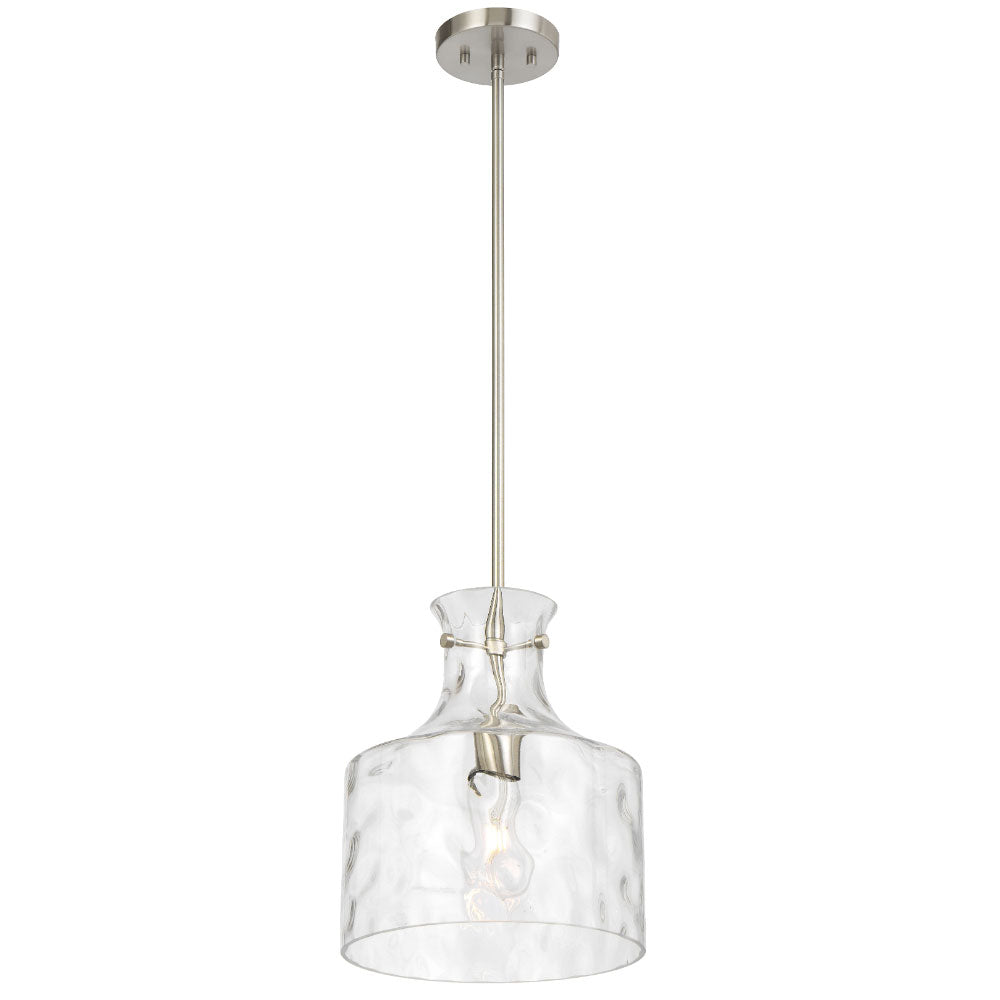 Clear glass pendant light with metallic fixture on a white background