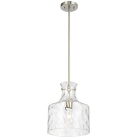 Clear glass pendant light with metallic fixture on a white background