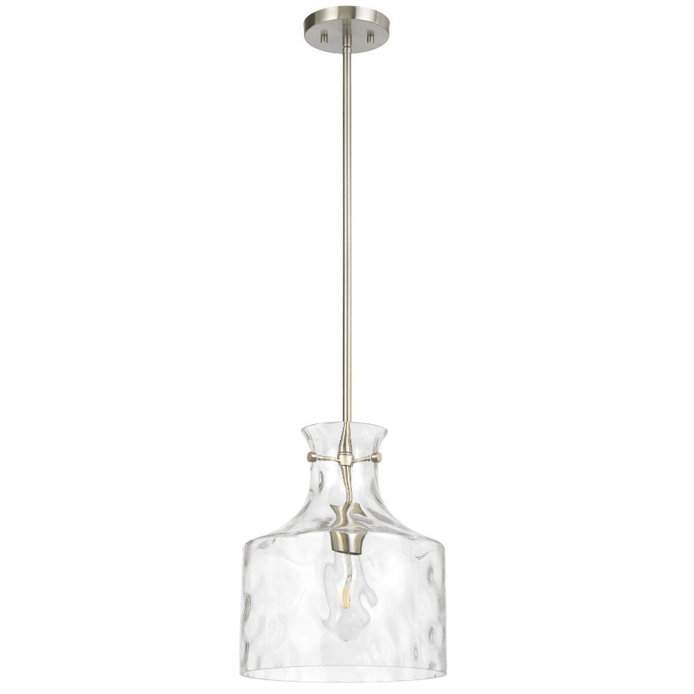Clear glass pendant light with metallic fixture on a white background