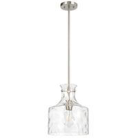 Clear glass pendant light with metallic fixture on a white background