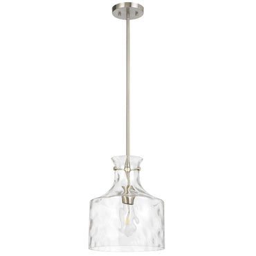 Clear glass pendant light with metallic fixture on a white background
