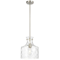 Clear glass pendant light with metallic fixture on a white background