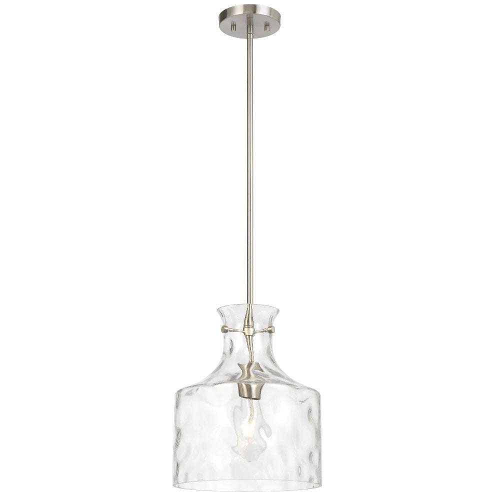 Clear glass pendant light with metallic fixture on a white background