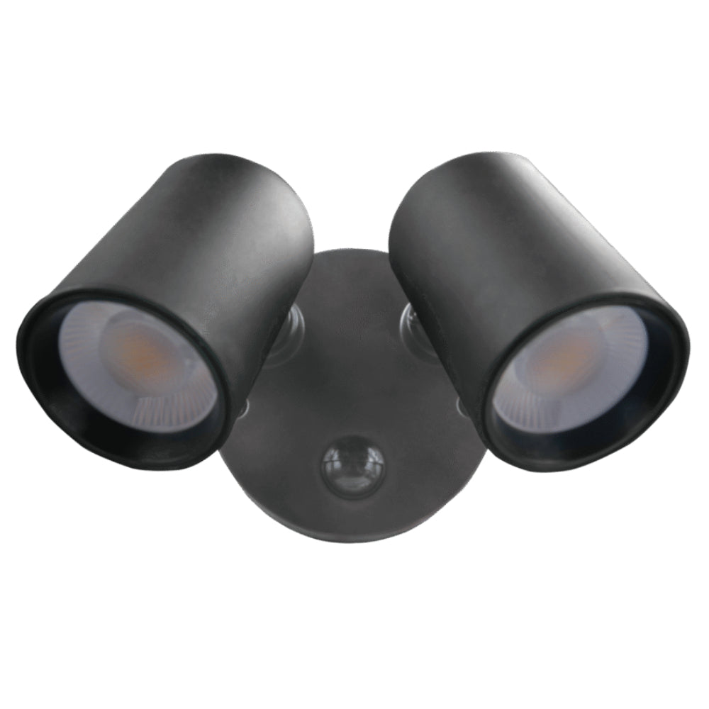 Black outdoor spotlight with two cylindrical lights on a white background