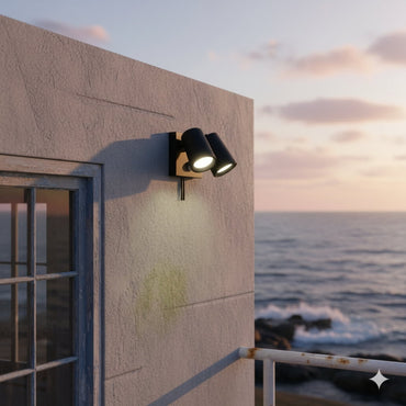 Two outdoor wall lights on a building with ocean and sunset in the background