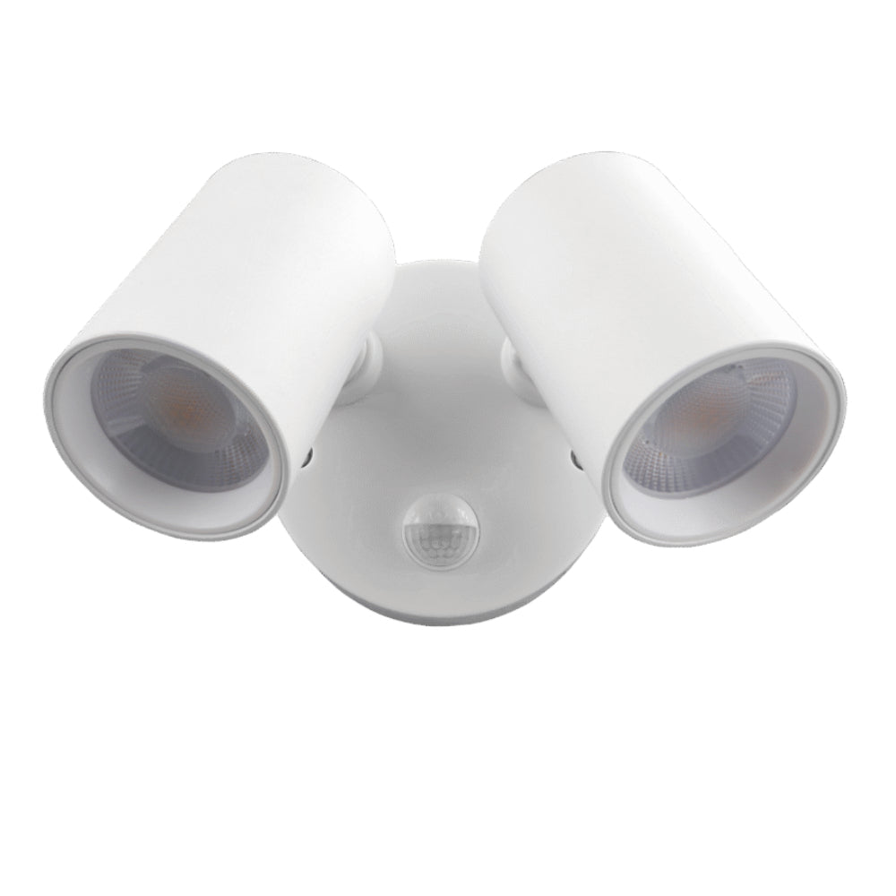 White outdoor security light fixture with two lampshades on a white background