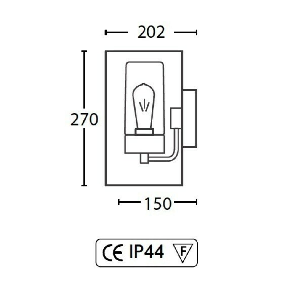 Technical drawing of a wall-mounted light fixture with dimensions and certification labels.