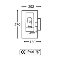 Technical drawing of a wall-mounted light fixture with dimensions and certification labels.