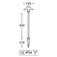 Technical drawing of a lamp post with dimensions and CE IP54 rating.