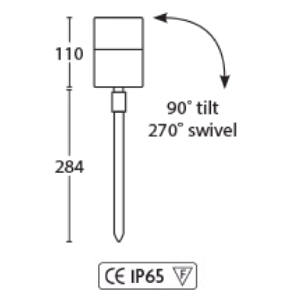 Diagram of a light fixture with dimensions and swivel capabilities on a white background