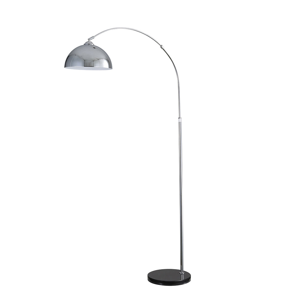 Arc floor lamp with a metallic shade on a white background