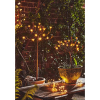 Decorative outdoor setup with string lights, potted plants, and a wooden table.