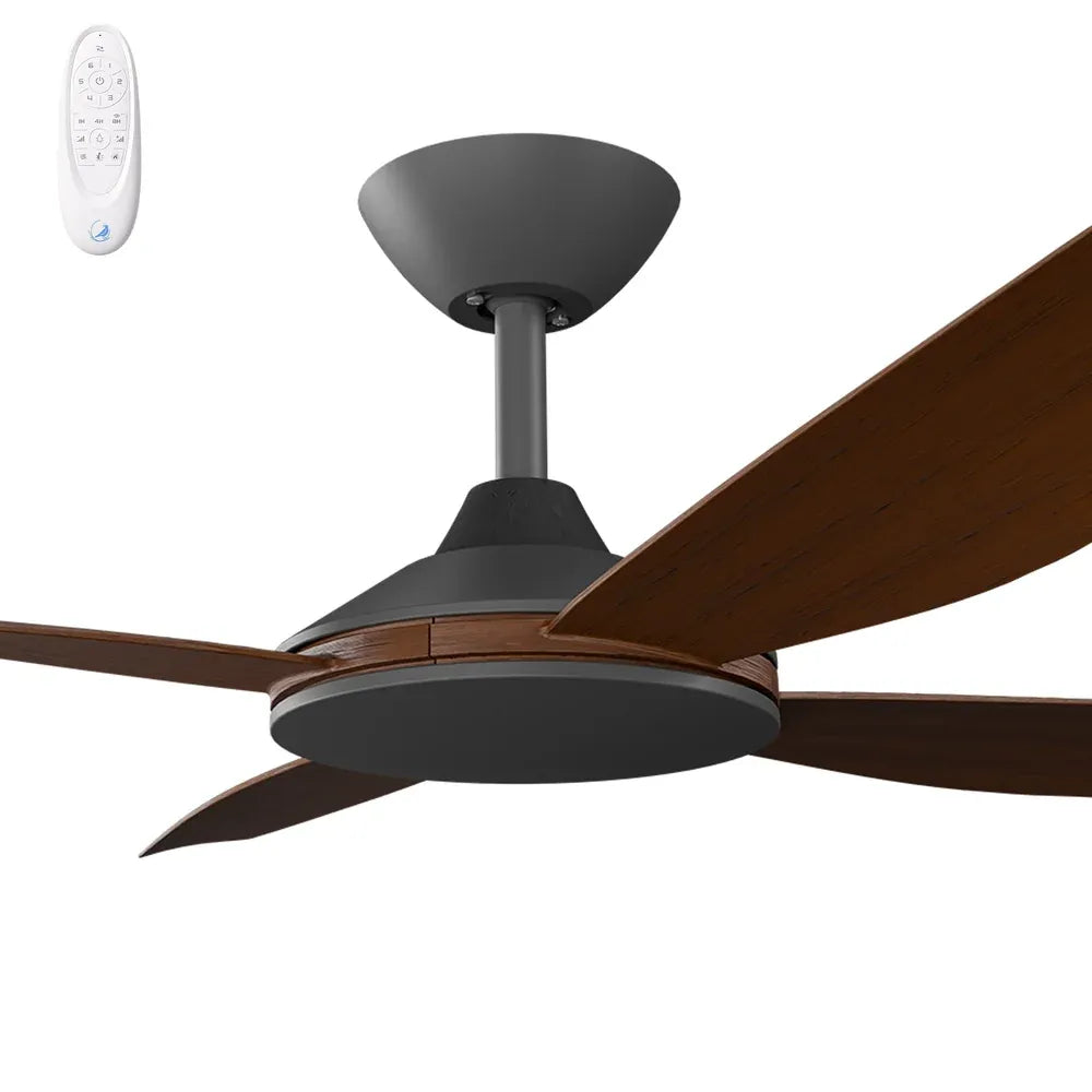 Ceiling fan with wooden blades and remote control on a white background