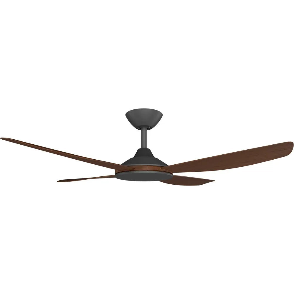 Ceiling fan with brown blades and black fixture on a white background