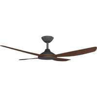 Ceiling fan with brown blades and black fixture on a white background