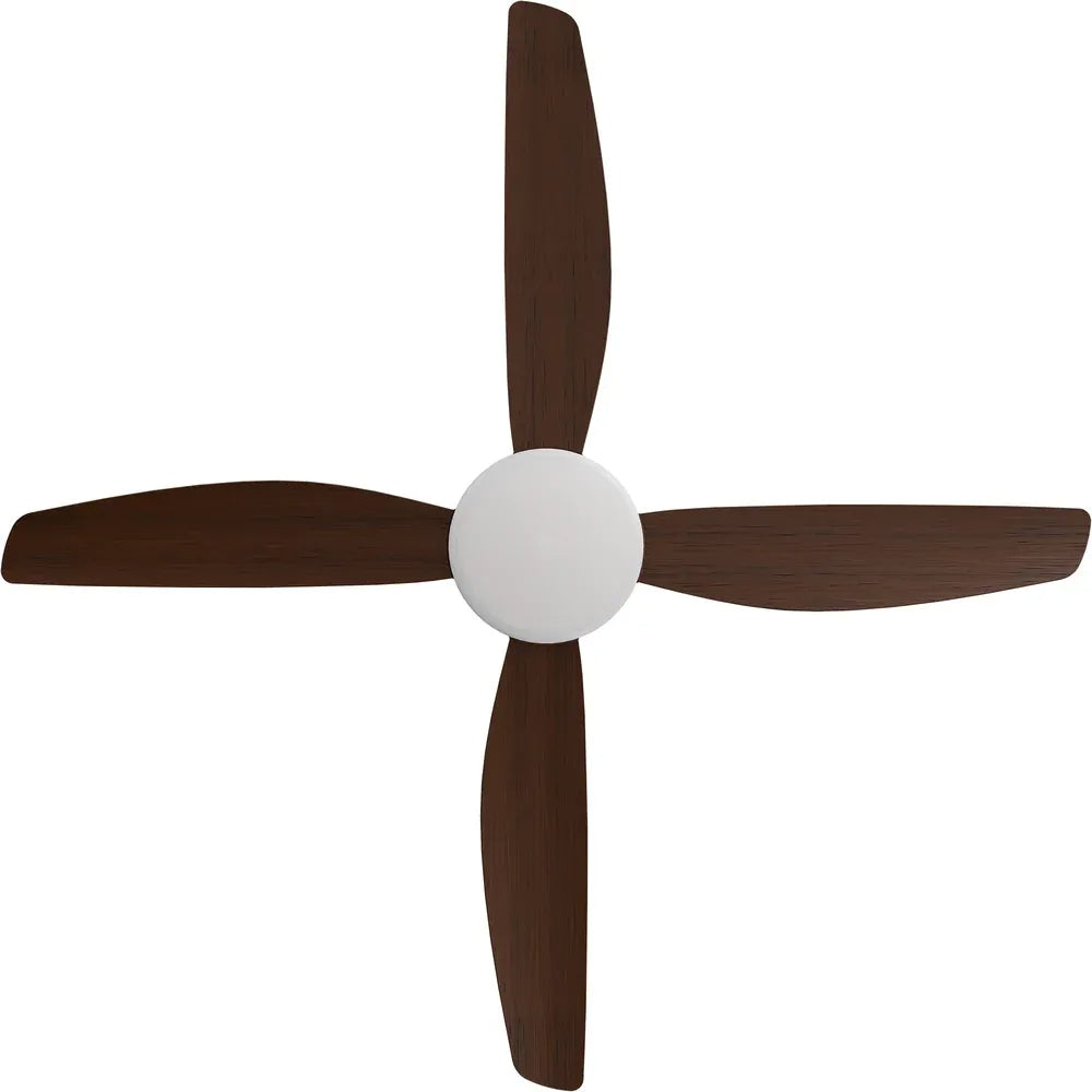 Ceiling fan with four wooden blades on a white background