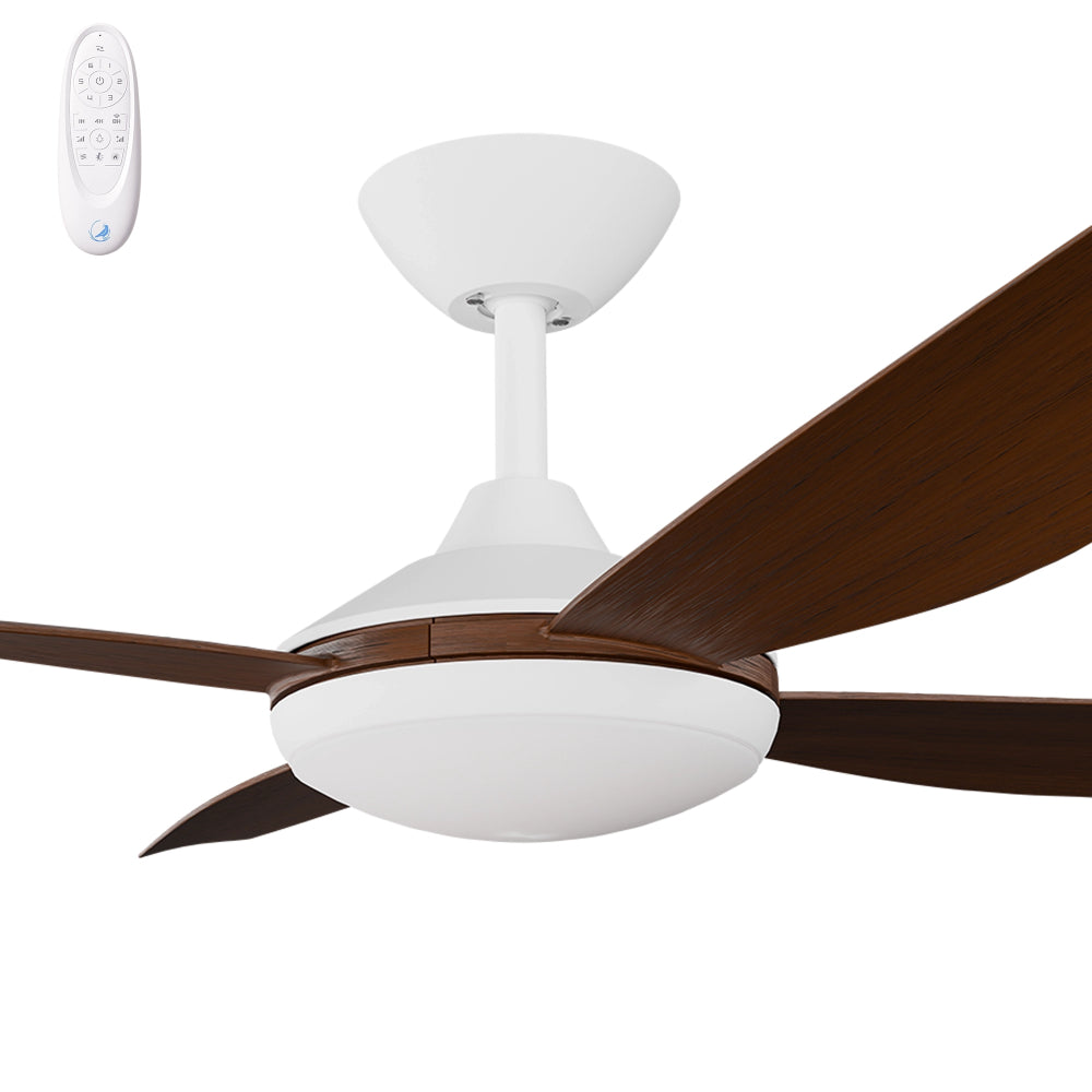 Ceiling fan with wooden blades and a white light fixture on a white background