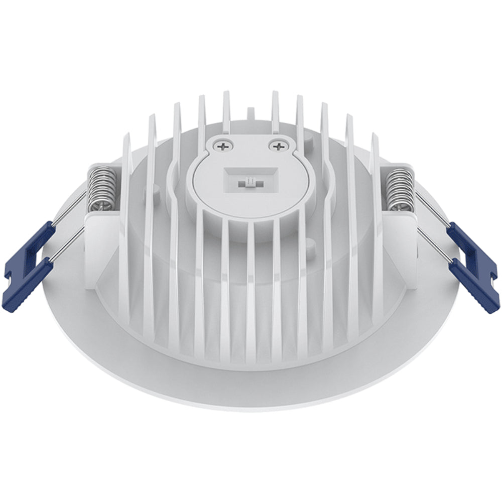 White LED downlight with blue clips on a white background