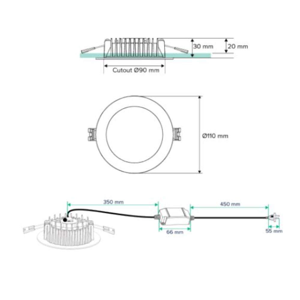 Technical drawing of a ceiling light fixture with dimensions on a white background