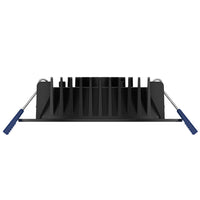 Black metal heat sink with blue handles on a white background