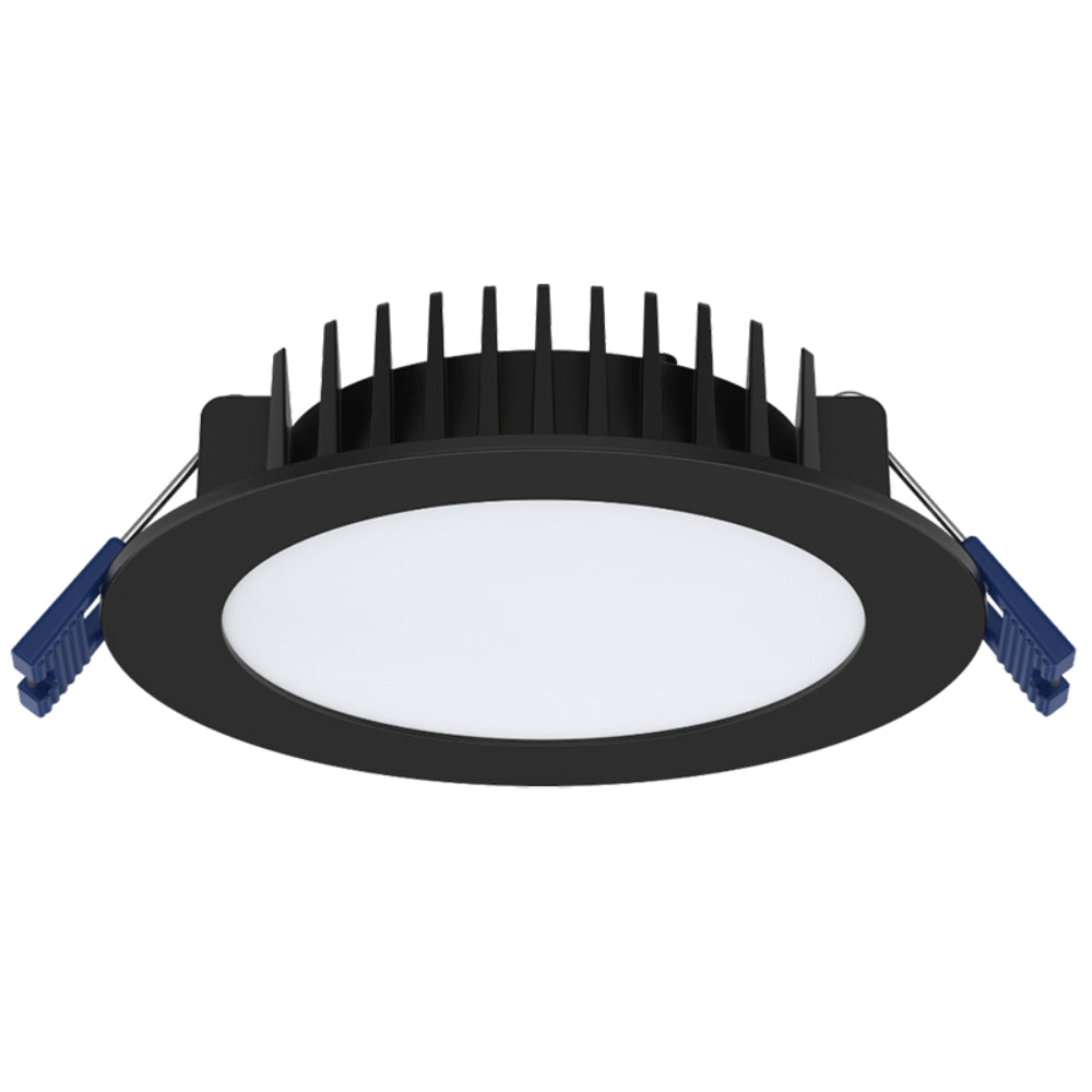 Black LED downlight with white interior on a white background