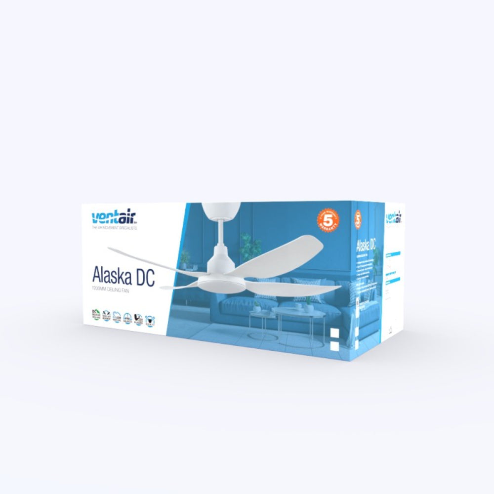 Vontair Alaska DC ceiling fan packaging on a white background