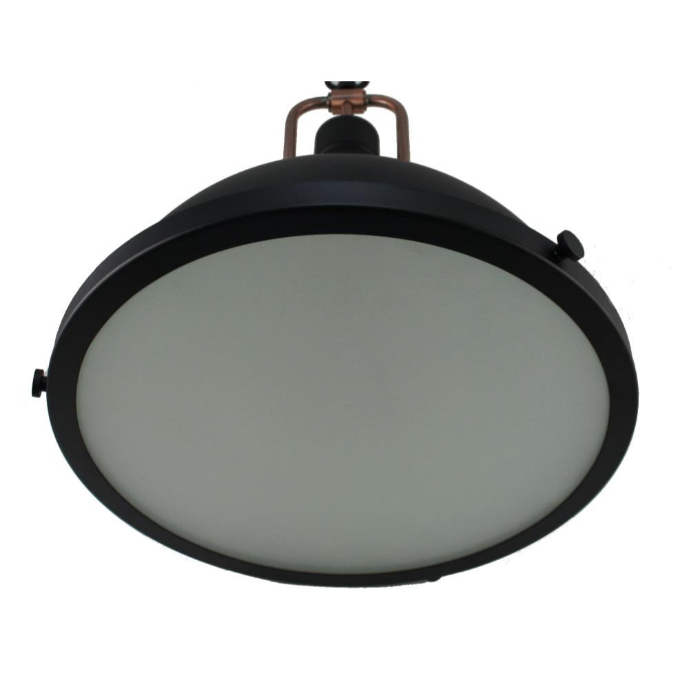 Ceiling light fixture with black frame and frosted glass on a white background