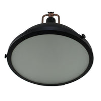Ceiling light fixture with black frame and frosted glass on a white background