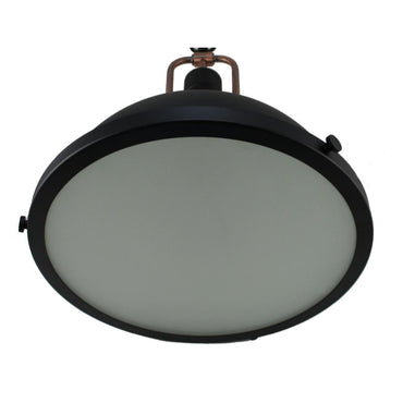 Ceiling light fixture with black frame and frosted glass on a white background