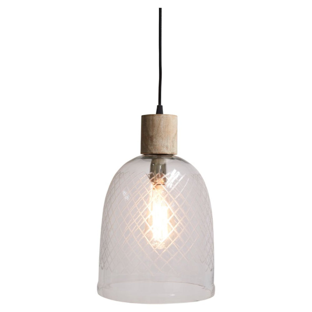 Byron Curved Cut Glass And Wood Pendant Light
